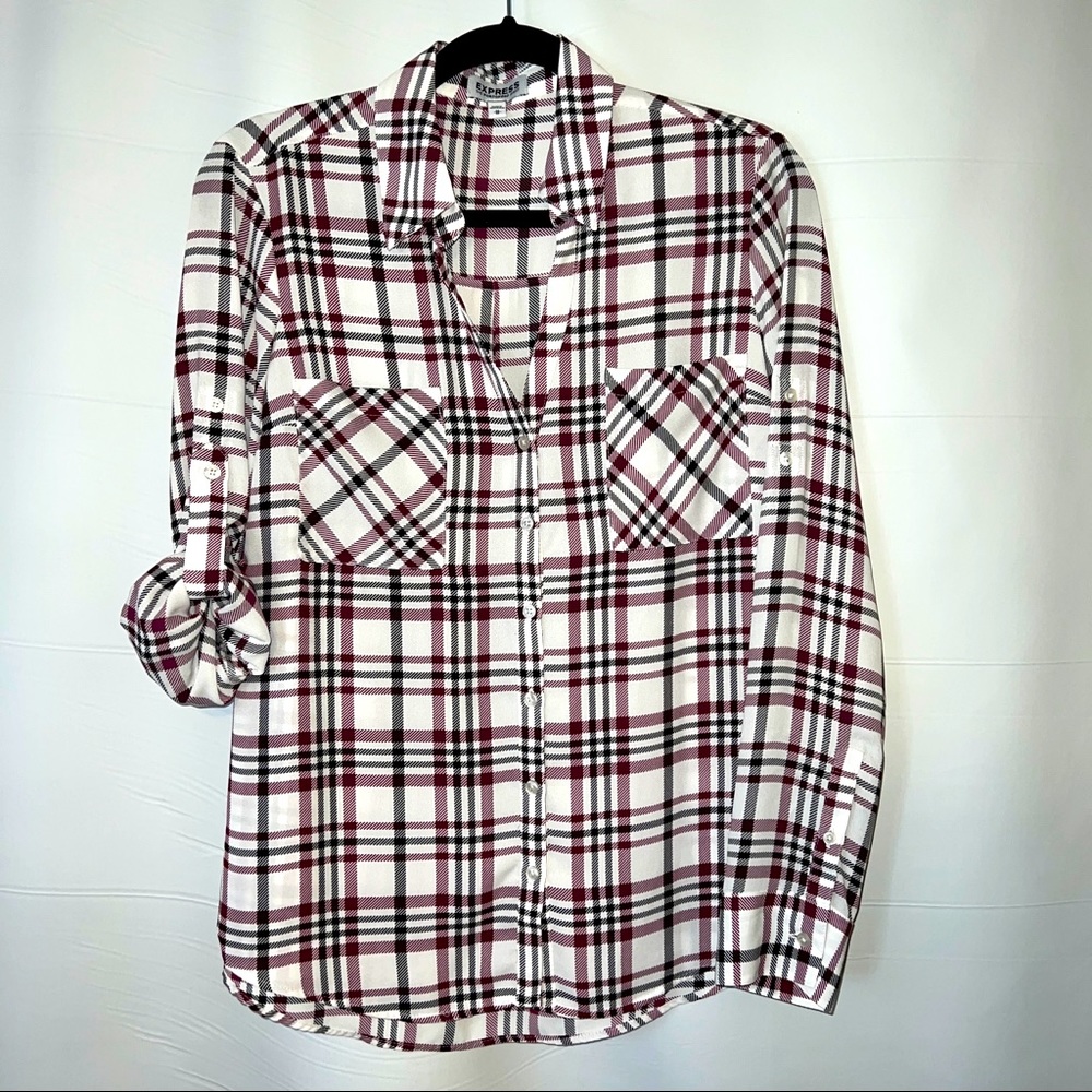 Express Portofino White/Purple Plaid Blouse